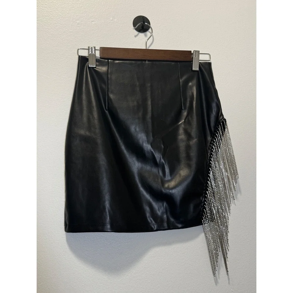 Windsor Black Faux Leather Rhinestone Fringe Mini Skirt Small High Waisted Night